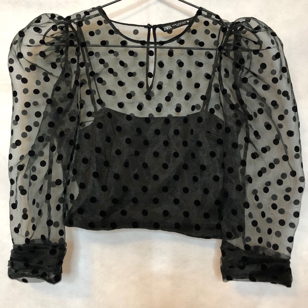 Zara Sheer Black Polka Dot Crop Blouse w/Cami XS